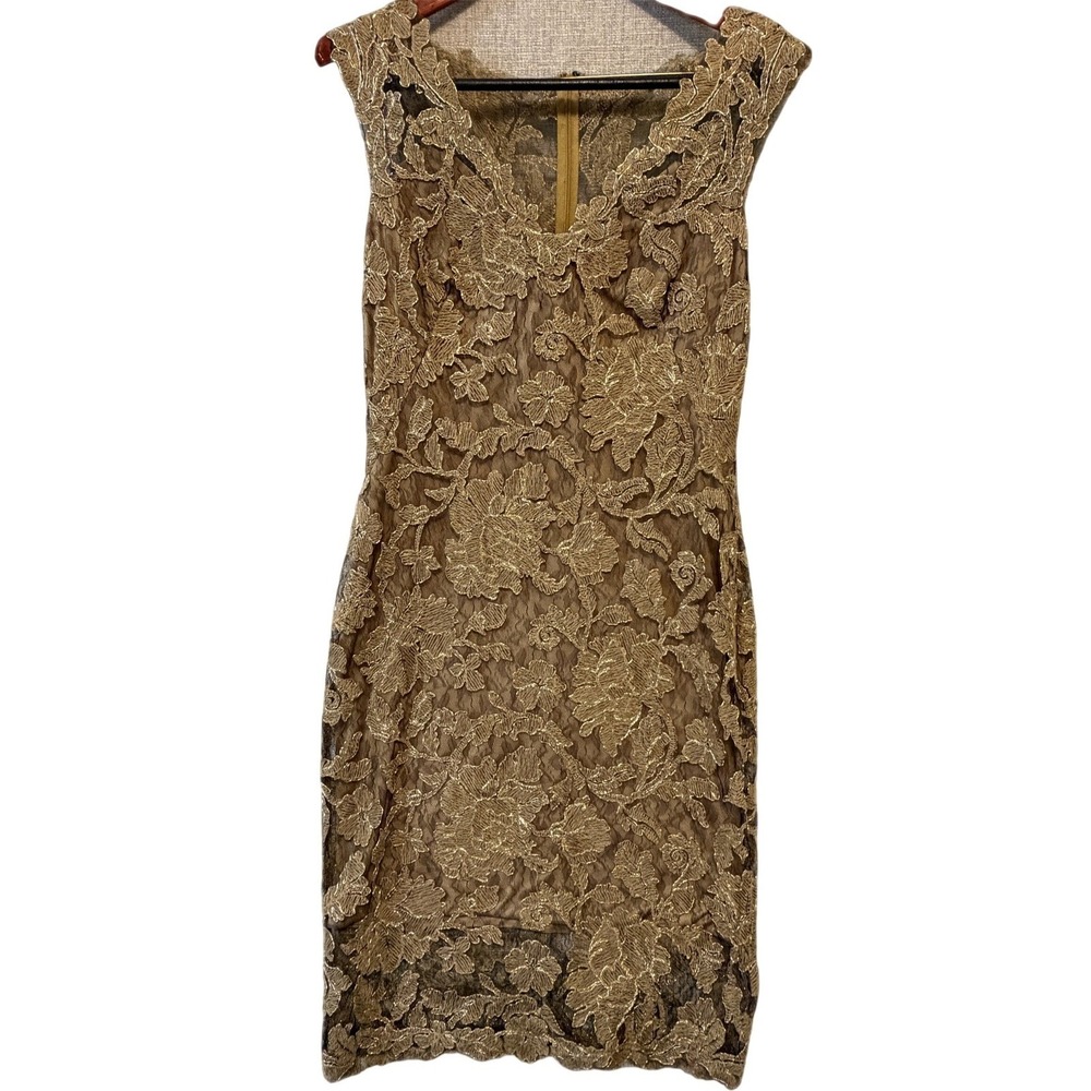 TADASHI SHOJI Sheath Dress Women's 10 ART2003M Gold Floral Lace Metallic
